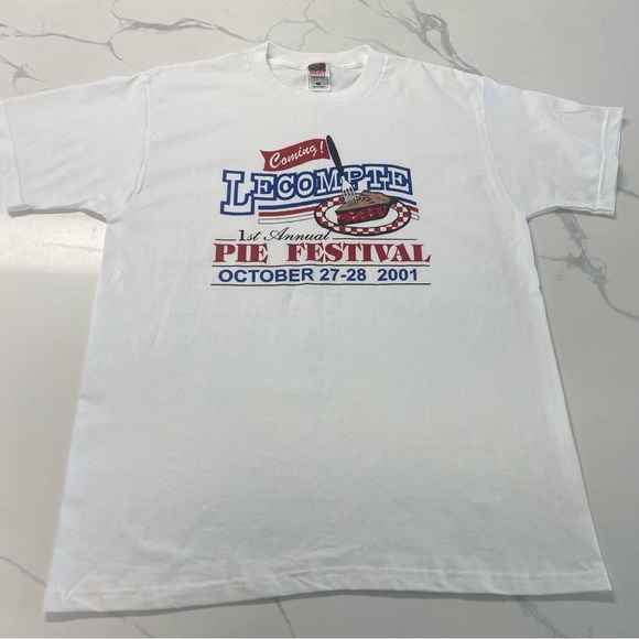 Vintage 2001 Lecompte Pie eating contest Humor Festival tee shirt NWOT 2XL white - Picture 3 of 9